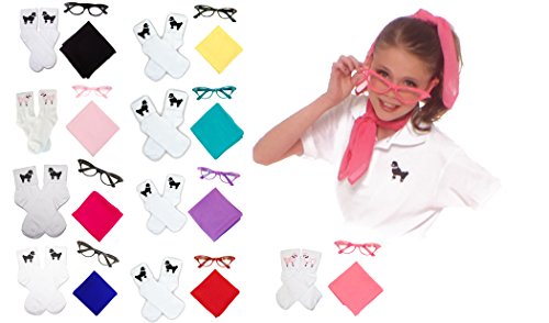 Hip Hop 50s Shop Kids 3 Piece Accessory Set (Chiffon Scarf-Poodle Socks-Cat Eye Glasses)