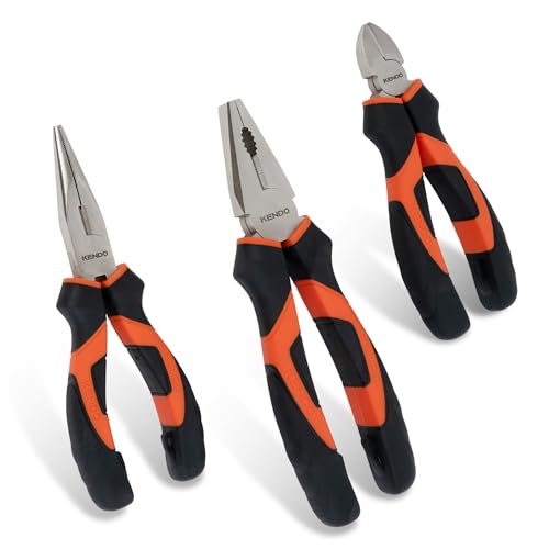 KENDO Zangenset 3-teilig – Kombizange, Spitzzange & Seitenschneider – Zangen Set Werkstatt aus gehärtetem C55-Werkzeugstahl mit ergonomischen griffen – Zangenköpfe Nickel-Eisen-Beschichtung thumbnail 1