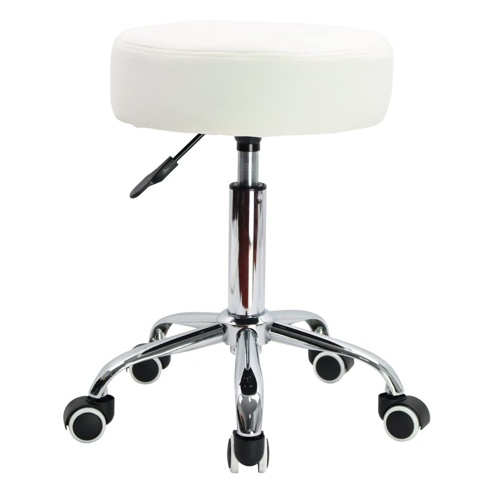 KKTONER Round Rolling Stool Chair PU Leather Height Adjustable Shop Stool Swivel Drafting Work SPA Salon Stools with Wheels Office Chair (White)