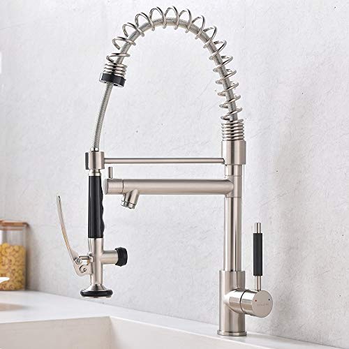 Ufaucet Commercial High Arc Heavy Spiral Spring Stainless Steel Brushed Nickel Single Handle Pre Rinse Pull Out Kitchen Faucet,Pull Down Kitchen Sink Faucet with Sprayer