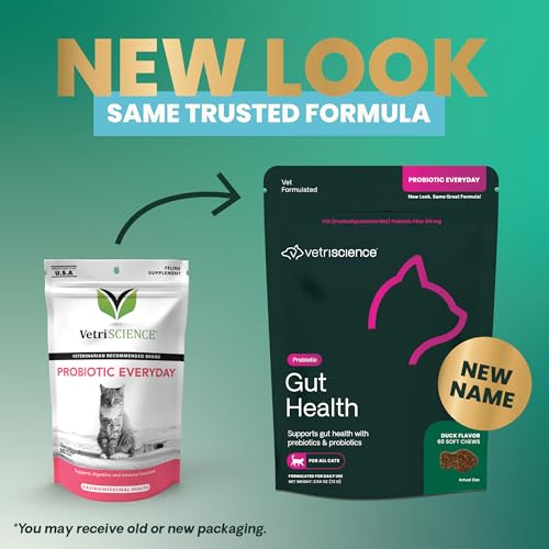 VETRISCIENCE GUT HEALTH CHEWS, PROBIOTIC EVERYDAY DIGESTIVE SUPPLEMENT FOR CATS, PET PROBIOTICS FOR DIGESTION SUPPORT, GAS AND DIARRHEA, IMMUNE SUPPORT, 120 MILLION CFU PER CHEW, DUCK, 60 COUNT