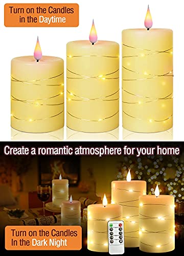 Set of 3 Flickering Flameless Candles with Embedded String Light, Battery Operated Pillar Real Wax 3D Teardrop-Shaped Wick LED Candle Sets with Remote Control Timer