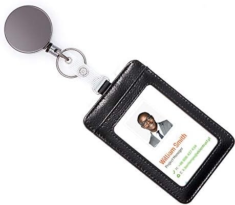 Id Badge Holder Retractable Badge Reel,Genuine Leather 3 Card Pockets.Black Textured Pebbled Leather Id Holder and Gun Metal Heavy Duty Badge Clip Kit. Perfect for Nurses Work Reinforced Keychain