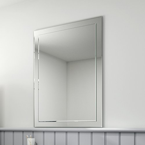 iBathUKFrameless Bathroom Mirror Wall Mounted, Double Layer Glass with Bevelled Edges, Vertical & Horizontal Installation, Modern Wall Mirror for Bathroom Bedroom Living Room (950 x 650mm)