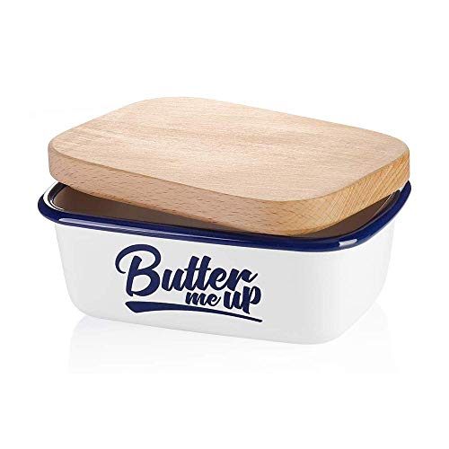 SveBake Butter Dish - Enamel Butter Boat with Beechwood Lid, Butter me up, White - Thumbnail 7