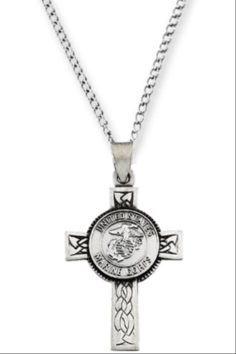 Sterling Silver US Marines Halo Cross Pendant Necklace, 24