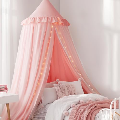 Bed Canopy Drapes, Double Layer Canopies Netting Tent for Bed, Princess Fairy Bed Canopy with String Lights for Girls, Adults, Canopy Bed Curtains Mosquito Net, Pink, 27''x108''