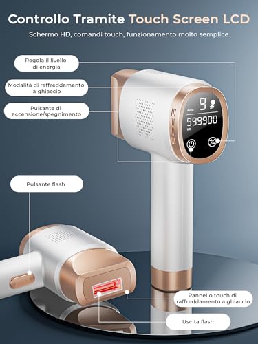 Pulsed Light Epilator with Ice Cooling Function, LCD Touch Screen, Automatic Scrolling Mode, Pulsed Light Epilator for Women and Men, Face, Armpits, Bikini, Body, White
