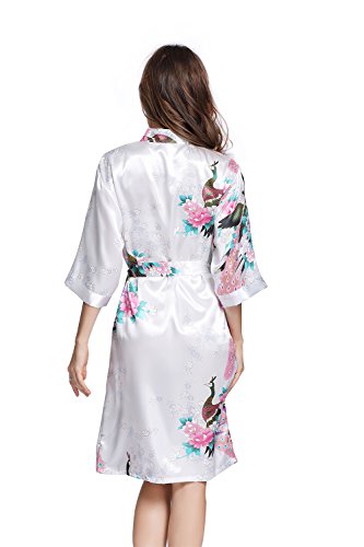 Amzchoice Women's Short Sleeve Kimono Robe Peacock & Blossoms for Spa, Wedding Bridal and Bridesmaid (L, White) - Thumbnail 4