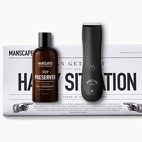 Men's Grooming Kit, Includes Ergonomically Designed Powerful Waterproof Manscaping Trimmer, Nuts and Bolts 2.0 by Manscaped, and Crop Preserver Ball Deodorant plus FREE Disposable shaving mats