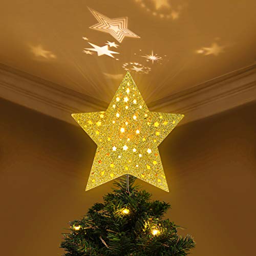 YUNLIGHTS Lighted Christmas Tree Toppers with Rotating Star Projector