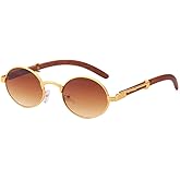 Junsika Retro Oval Sunglasses for Men Women Classic Vintage Imitation Wood Small Round Black Sunglasses