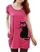 Allegra K Lady Round Neck Short Sleeve Cat Prints Loose Tunic Top L Fuchsia