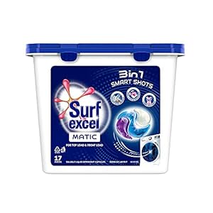 Surf Excel Matic 3 in 1 Smart Shots 17 pcs, Laundry Detergent Pods for Tough Stain Removal in Front Load & Top Load…