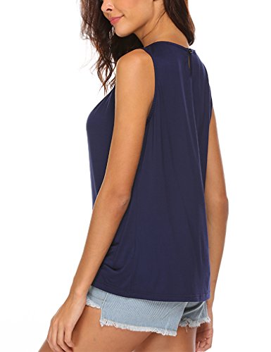 Locryz Women's Summer Sleeveless Pleated Back Closure Casual Tank Tops (L, Navy Blue)