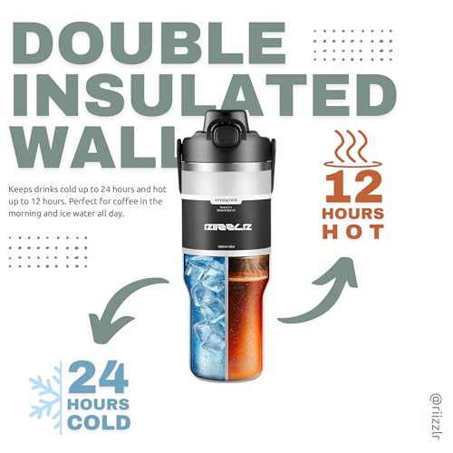 RIIZZLR® 1000ml Insulated Water Bottle Tumbler with 2-in-1 Straw & Sip Lid – Stainless Steel Vacuum Flask, Double Wall, BPA-Free, Leakproof, Wide Mouth, Keeps Drinks Hot 12H / Cold 24H (Sage Green)