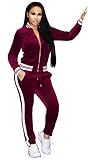 Women's Casual 2 Pieces Outfits Velour Long Sleeve Zip Up Jacket + Long Pants Sweat Suit Set Tracksuit With Pockets