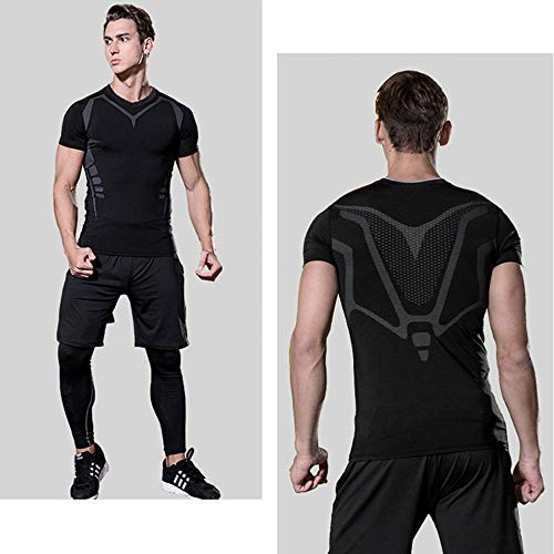 5PCS /Men Workout Outfit Set Gym Running Fitness Sportswear Kit Compression Pants Shirt Top Long Sleeve Jacket Set Black Gray - Thumbnail 5