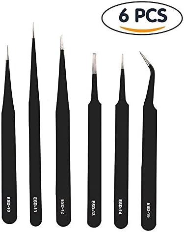 WORTOOL - 6 Pieces Precision Anti-static Non-magnetic ESD Stainless Steel Tweezers Kit for Electronics, Jewelry-making, Laboratory Work, Hobbies.