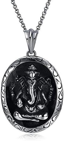 JINSHIYINYU Men's Vintage Stainless Steel Ganesha Elephant Hindu God Dog Tag Pendant Necklace, 24" Chain