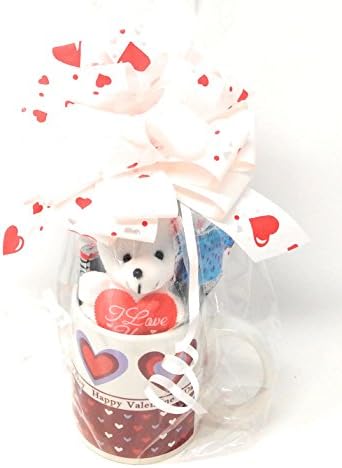 Valentine's Day Gift Set (1) Happy Valentine's Day Cup (1) Teddy Bear Key Chain &amp; Assorted Candy