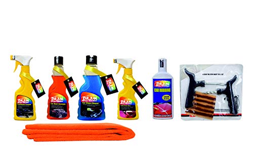 DR.3M A1169-CAR Glass Cleaner 250ML.+Leather Dresser 250ML+Dashboard Dresser 250ML+ CAR WASH Shampoo 250ml.+CAR RUBBING 100GM+ CAR Microfiber Cloth Orange. + Panchar kit (Master Combo Pack)