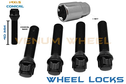 5 Pc Wheel Locks Black 14x1.5 Locking Bolts Lock Steel 40mm Extended Shank Lug Bolts W/1 Key Included Fits Audi Bmw Mercedes Benz Porsche Volkswagen