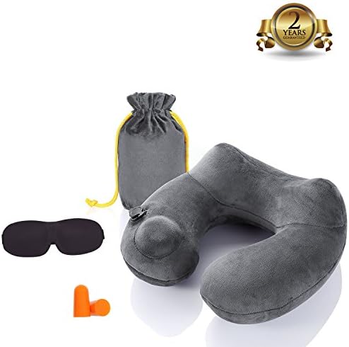 YuanGao Travel Neck Pillow, Soft Velvet Inflatable Travel Neck Pillow Lightweight U Shaped Pillow Attaches to Luggage Molds Perfectly To Your Neck and Head, Washable, Sleep Mask and Earplugs