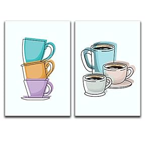 2 Panel Canvas Wall Art - Hand Drawn Coffee Theme Cups - Giclee Print Gallery Wrap Modern Home Art Ready to Hang - 16"x24" x 2 Panels