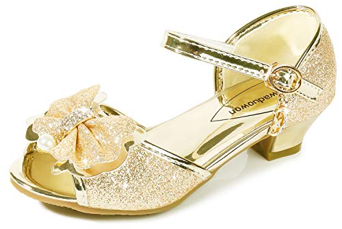 Glitter High Heel Sandals for Girls Wedding Shoes Princess Size 10 M Little Flower Girl Toddler Kids Sequin Dress up Rhinestone Shoes Knot (Gold 27)