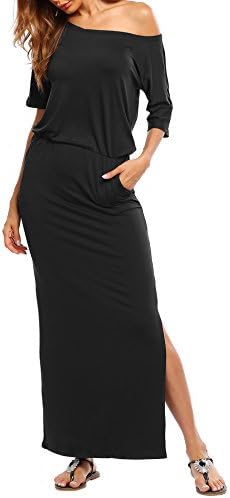Sheshow Women One Shoulder Half Sleeve Solid Side Split Casual Maxi Long Dress