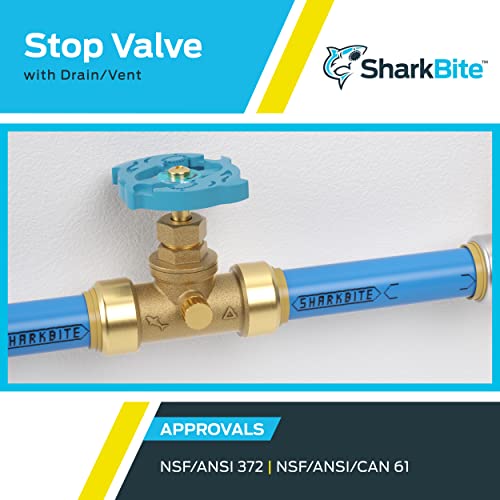 SharkBite 1/2 Inch Stop Valve with Drain and Vent, Push to Connect
