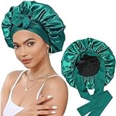 Double Layer Satin Sleep Bonnet with Tie Band Large Size Hair Protection Cap Emerald Green Sleep in Luxury Soft Bonnet Styles Overnight