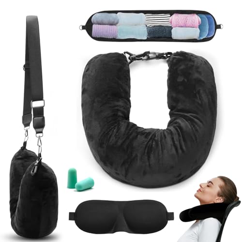 Xolear Travel Pillow to Fill with Clothing, Black | Airplane Neck Warmer Wear Eye Mask and Ear Plugs for Travelling by Car or Airplane, No Fillers