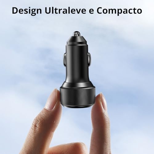Carregador Veicular 60W Turbo com Cabo USB-C – Duas Entradas USB-C, Carregamento Ultra Rápido, Proteção Inteligente e LED Indicador para Celulares e Tablets