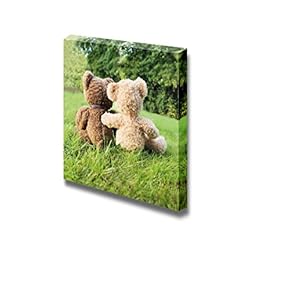 Canvas Prints Wall Art - Two Teddy Bears in Love Sitting on Grass - 12" x 12"