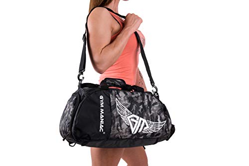 Gym Maniac GM 3-Way Gym Bag - Workout, Sport, Travel, Weekend and Overnight Duffle, Backpack, Crossbody, Shoulder Carry Bags - Fitness Accessories for Men and Women - Waterproof Gear Organizer - 30L