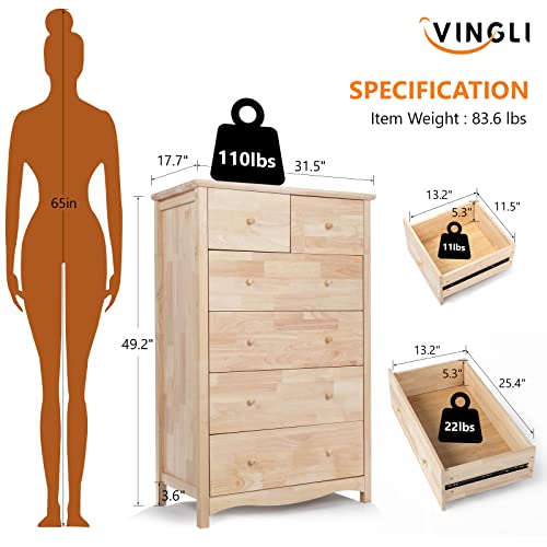 VINGLI Unfinished Natural Solid Wood 6 Drawer Dresser for Bedroom