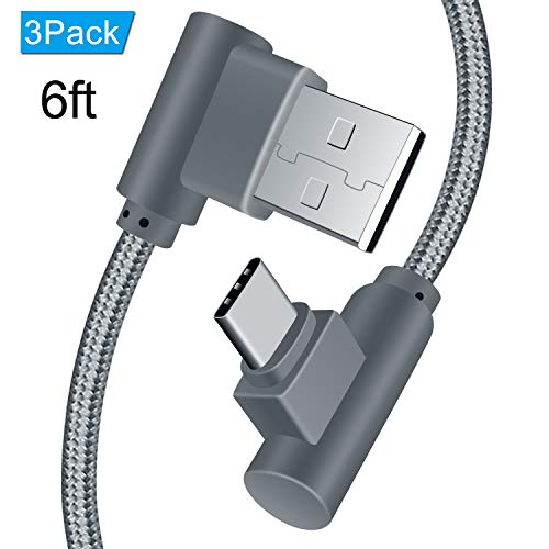 ANSEIP Right Angle Type C Cable 6ft 3 Pack 90 Degree USB C Cable Braided Fast Charge Cord & Data Sync for Samsung Galaxy S8/S8 Plus,Moto Z Z2,Nexus 6P/5X and More (Grey,6ft)