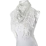 Yoyorule Fashion Lace Tassel Sheer Burntout Triangle Mantilla Scarf Shawl (White)
