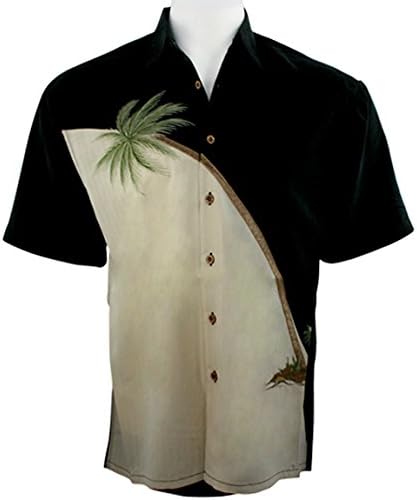 Bamboo Cay - Hurricane Palm, Embroidered Tropical Style Black Color Men's Shirt