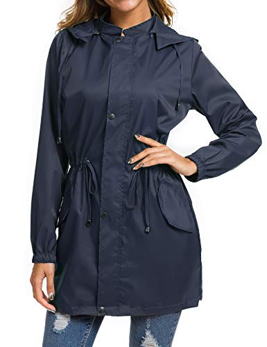 Besshopie Womens Lightweight Hooded Waterproof Active Outdoor Rain Jacket Navy Blue