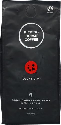 KICKING HORSE COFFEE LUCKY JIM WHOLE BEANS, MEDIUM ROAST, CERTIFIED ORGANIC FAIRTRADE KOSHER COFFEE, BLACK, 10 OZ