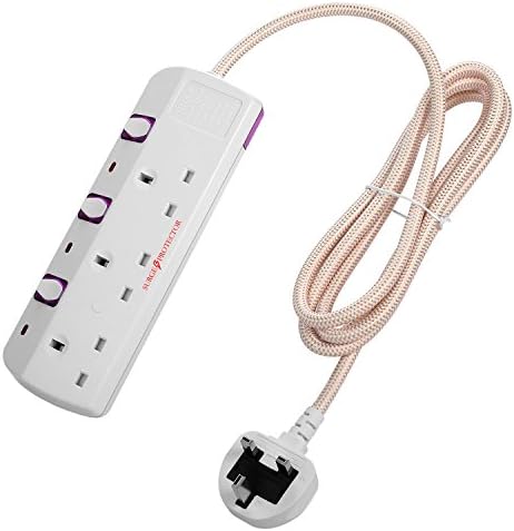 TISDLIP Extension Lead Gold Surge Protected 3 Gang Individual Switch With 6.56 Feet Fiber Cord
