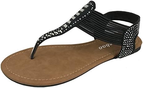 W Collection Womens T-Strap Thong Ankle Strap Flat Summer Gladiator Rhinestone Sandals