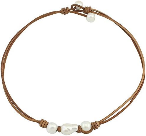 Irregular Cultured Freshwater Pearls Choker Necklace on Genuine Leather Handmade-Light Brown(16")