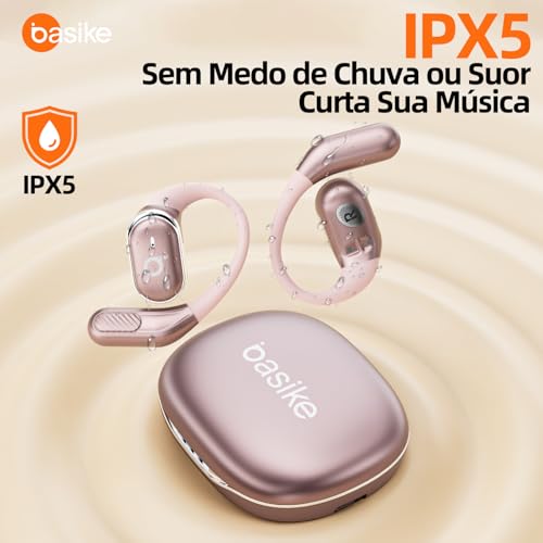 Fone De Ouvido Bluetooth Esportes, Basike T6, IPX5/OWS Fone de Ouvido Estéreo Hi-Fi, Suporta Chamadas de Voz, 60 Horas em Standby Para Corrida e Exercícios ao Ar Livre (Ouro Posa)