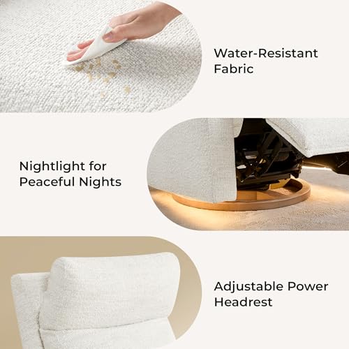 CHITA Power Swivel Glider for Adults with Nightlight, Nursery Recliner Chair with Power Headrest for Living Room, Bedroom, Water-Resistant Boucle Fabric, Boucle Fabric in Pearl | Power Headrest, Water-Resistant Fabric, Nursery Rocking Chairs for Living Room and Bedroom