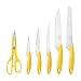 Nelsons Deals Stainless Steel Germin Style Knife Set with Wooden Block 7 Piece - Chef Knife, Bread Knife, Boning Knife, Utility Knife, Paring Knife, and Scissors (Yellow)
