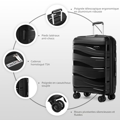 Kono Medium Suitcase 65 cm Rigid Polypropylene Travel Suitcase with 4 Wheels and TSA Lock, Black
